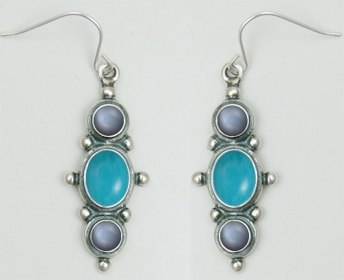 Sterling Silver Drop Dangle Earrings With Turquoise And Grey Moonstone